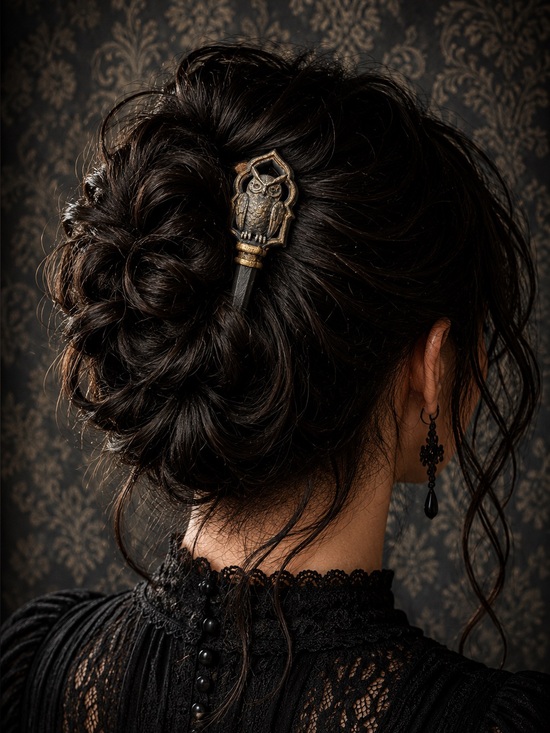 Handmade Accessories - Gothic Owl Hair Fork | Black & Gold Hair Stick | Handmade Owl Hair Pin